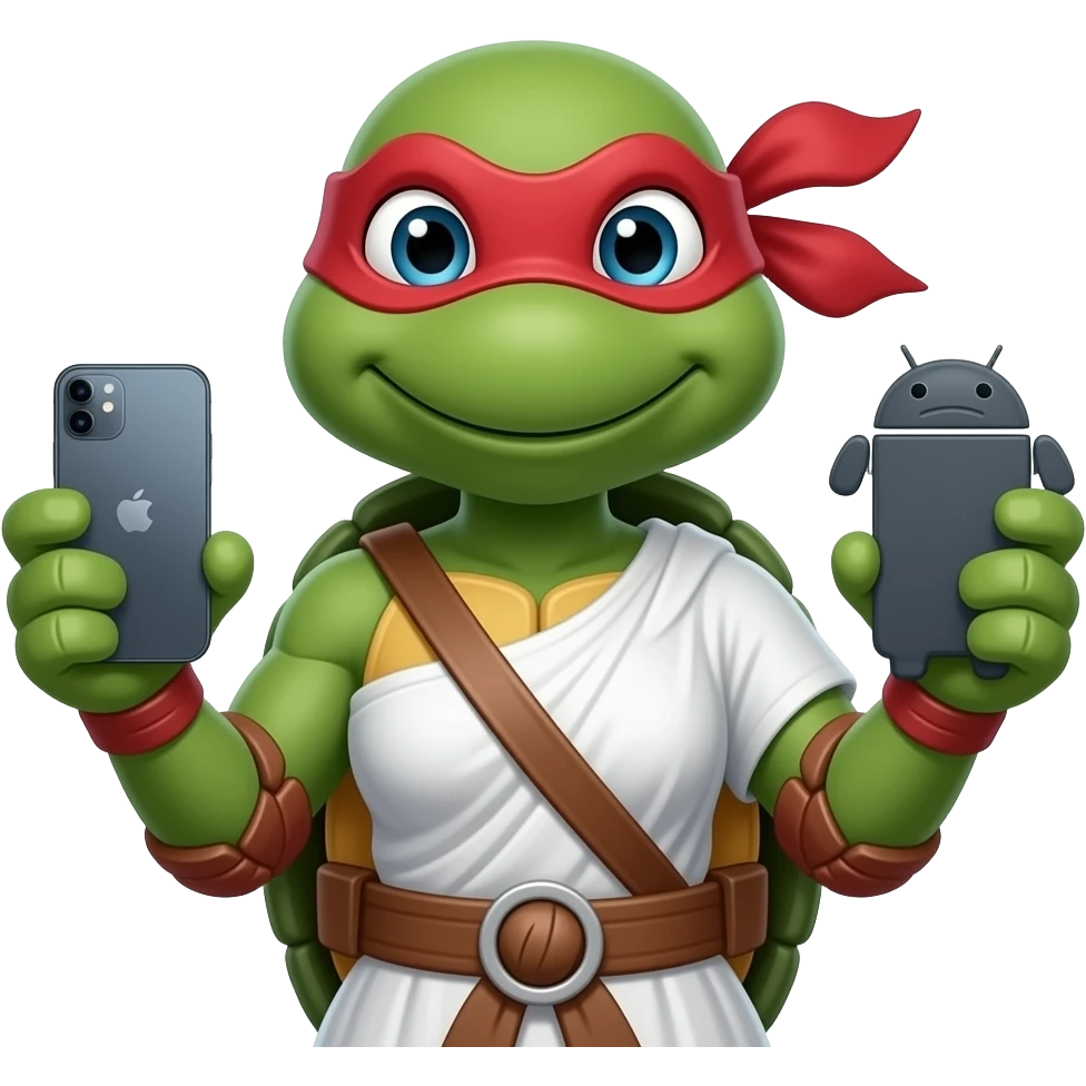 Venus de milo mouse ninja (teenage-mutant-ninja-turtles) holding a iPhone device on one hand and an Android mobile device on the other hand emoji