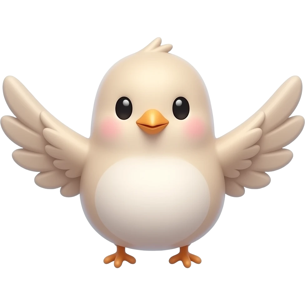 Cute 3D bird emoji icon, small rounded bird with wings spread wide as if flapping, playful flying pose, tiny beak, round eyes, soft glossy texture, pastel colors, clean white background, centered composition, minimal cute icon style. emoji