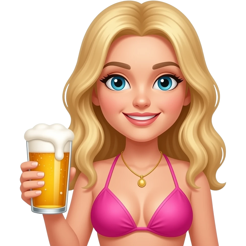 blonded girl wear pink bikini holding beer emoji