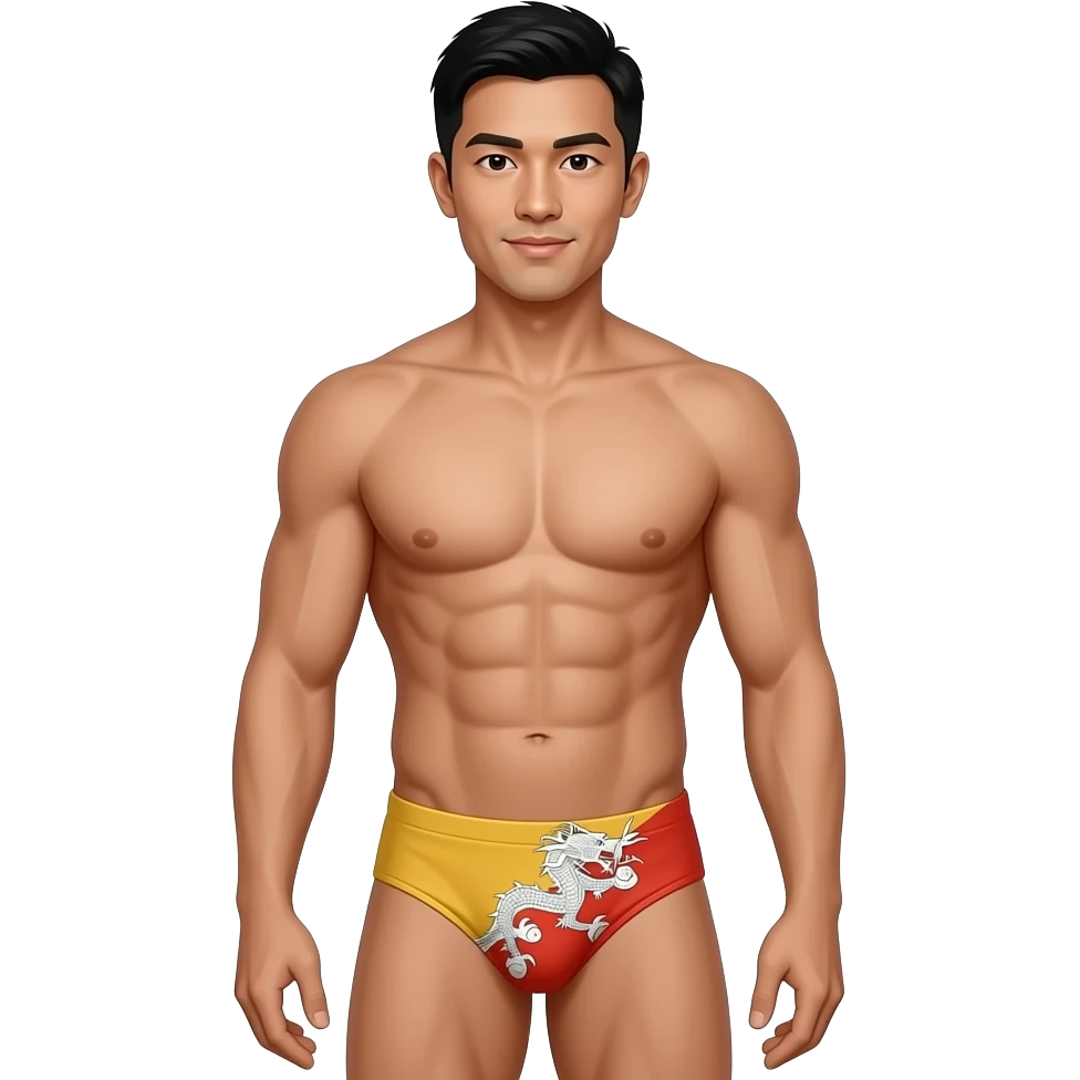 upper body (thighs-up) male figure with bhutanese face, hair, and body standing with muscular build in thin, narrow thong with bhutan flag theme emoji