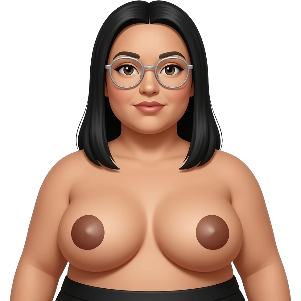 tanned fat chubby woman black long straight hair  with butt wearing black tights no shirt breasts out with large round brown areolas round face with silver glasses emoji