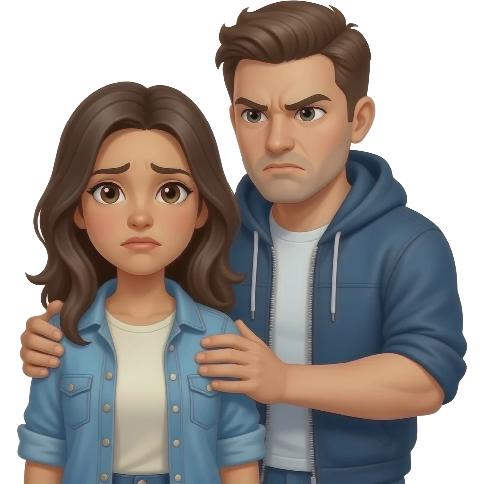 upset defensive guy, protecting poor humble young woman, she has neutral face expression, both wearing street casual clothes emoji