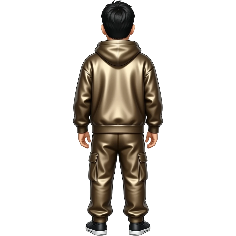 Mike Shinoda from behind with dark beige metallic sweatshirt, dark beige metallic baggy pants emoji