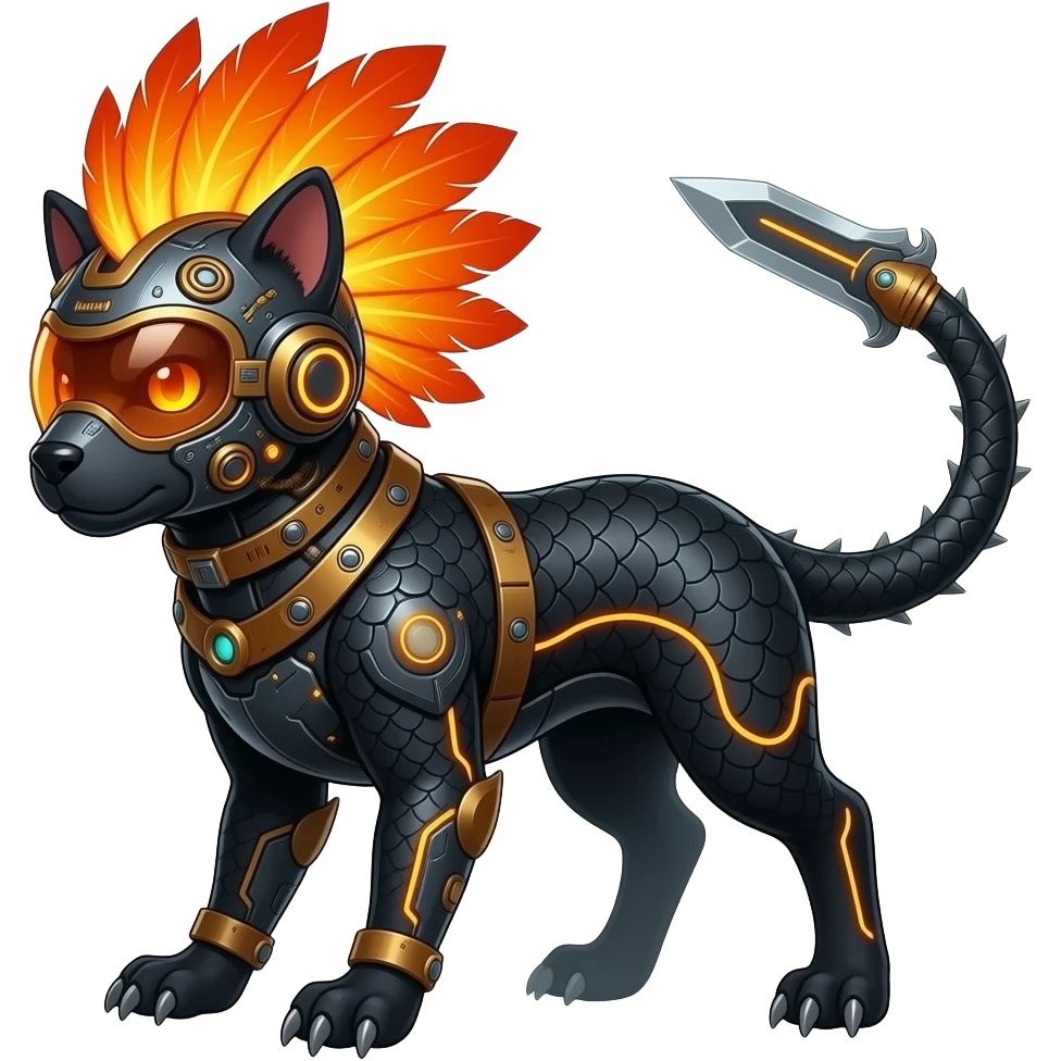 Cool edgy fiery bipedal furry cybernetic electrical visor-helmeted, Circuitry-patterned black-scaled digitigrade futuristic fantasy-Cyberpunk-Steampunk-Solarpunk-Genesect-Cyclizar-Salazzle-Protogen-Fakémon-animal-hybrid, with neon feather-mane, and a tail blade, back spikes emoji