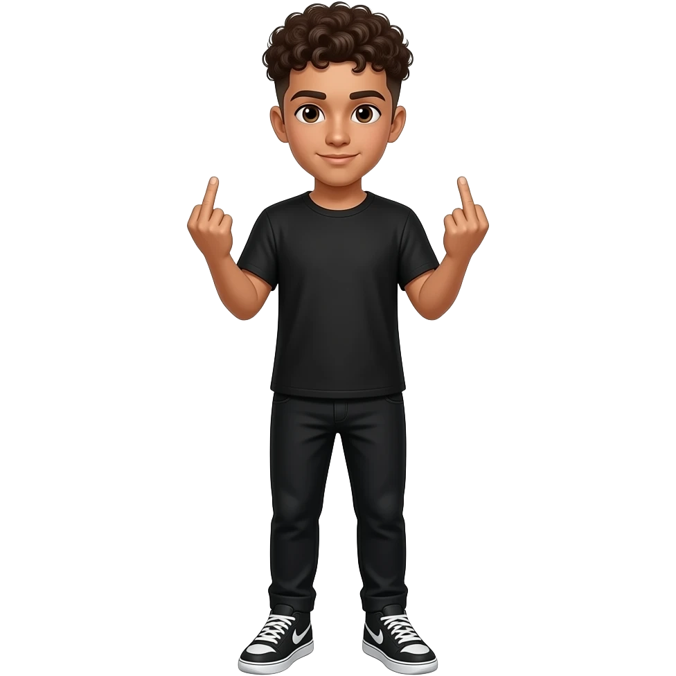 Um homem adolescente Cabelo callow fade cacheado Corpo inteiro calça e tênis nikecor de pele branca o cara branco com roupa preta fazendo um sinal com as duas mãos dando dedo do meio emoji