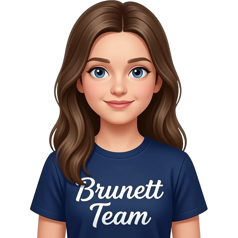 Ragazza di 12 anni che ha una maglietta con la scritta Brunett Team che ha la maglietta blu notte con i capelli più lunghi emoji