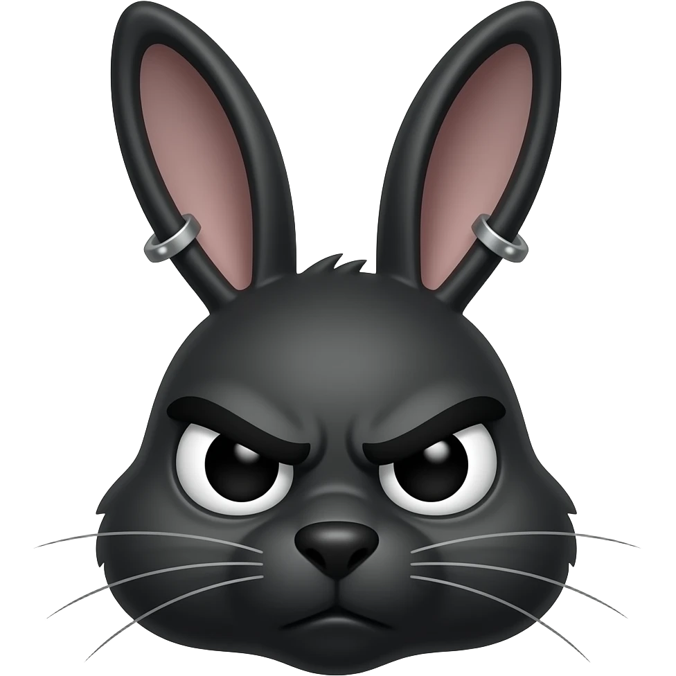 The black rabbit has a wide face with pierced ears, large black eyes and eyebrows, and a stern, tired look emoji