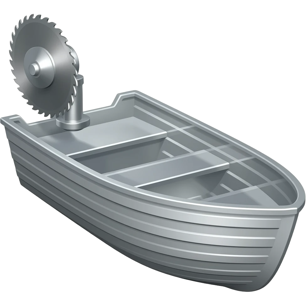 an aluminum boat with a circular saw blade on the back as a motor emoji