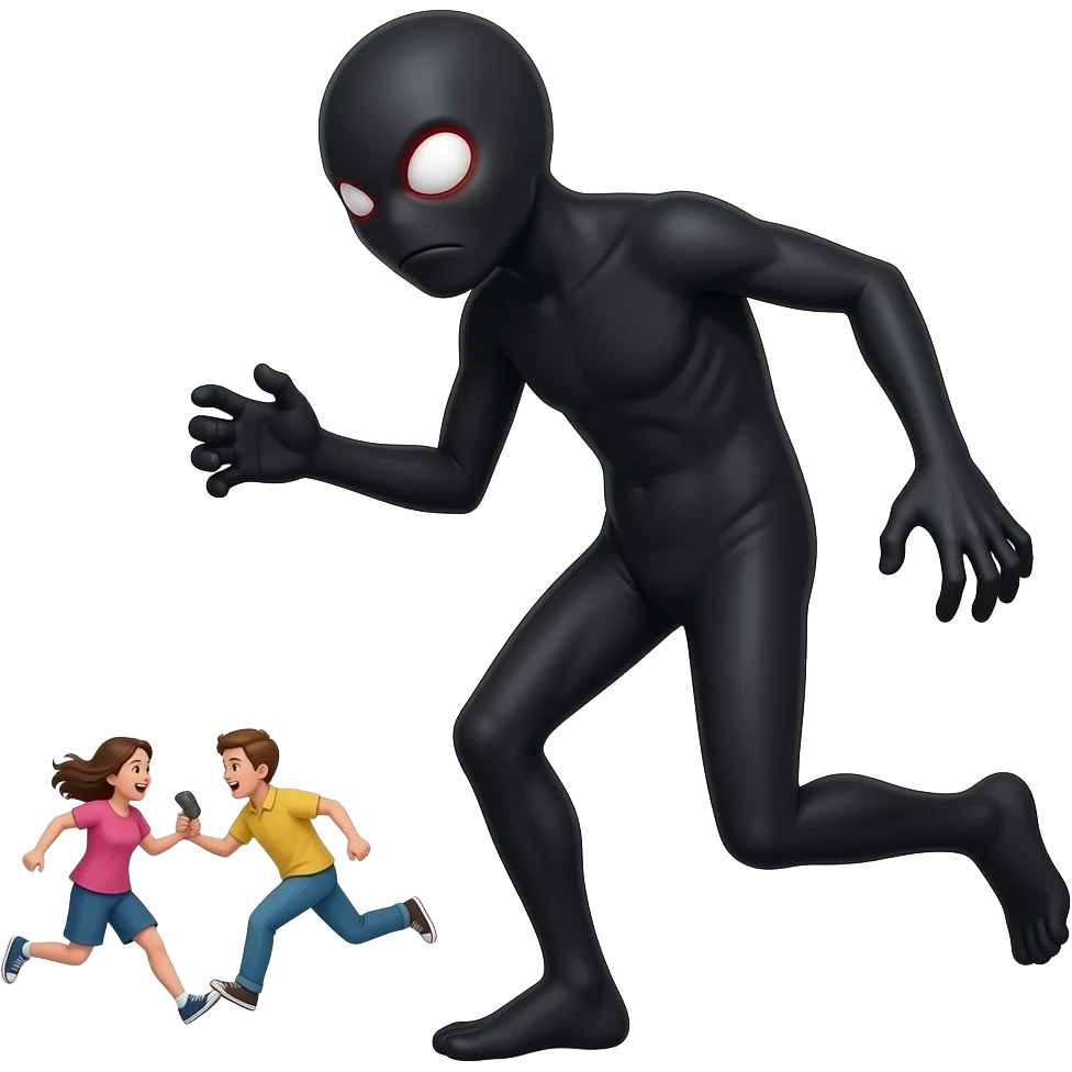 Jakiś potwór wygląda jak ludzie ale wysoki niż ludzi niższy niż Slenderman białe całe gałka oczu czerwone powieki i łapie ludzi ludzie uciekają emoji