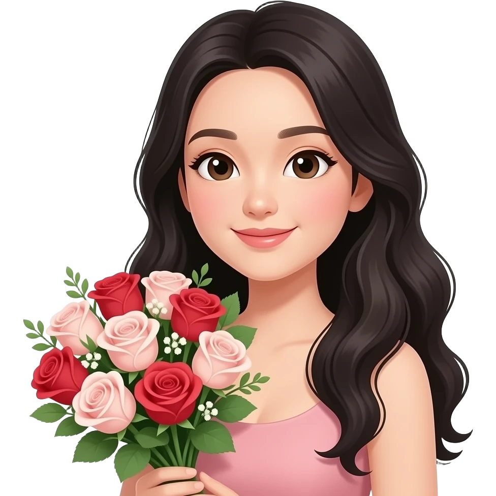 Mujer asiática recibiendo una rosas, que la chica sea piel muy clara, cabello ondulado y negro y con ojos asiáticos emoji