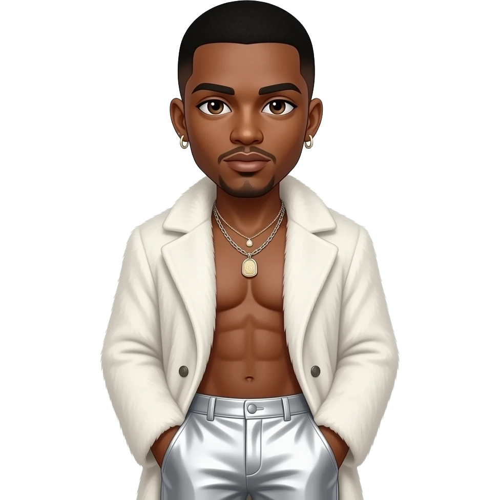 Marques Houston with dark brown eyes, black buzz cut hair, white fur coat, white metallic baggy pants, shirtless with necklace and earrings emoji