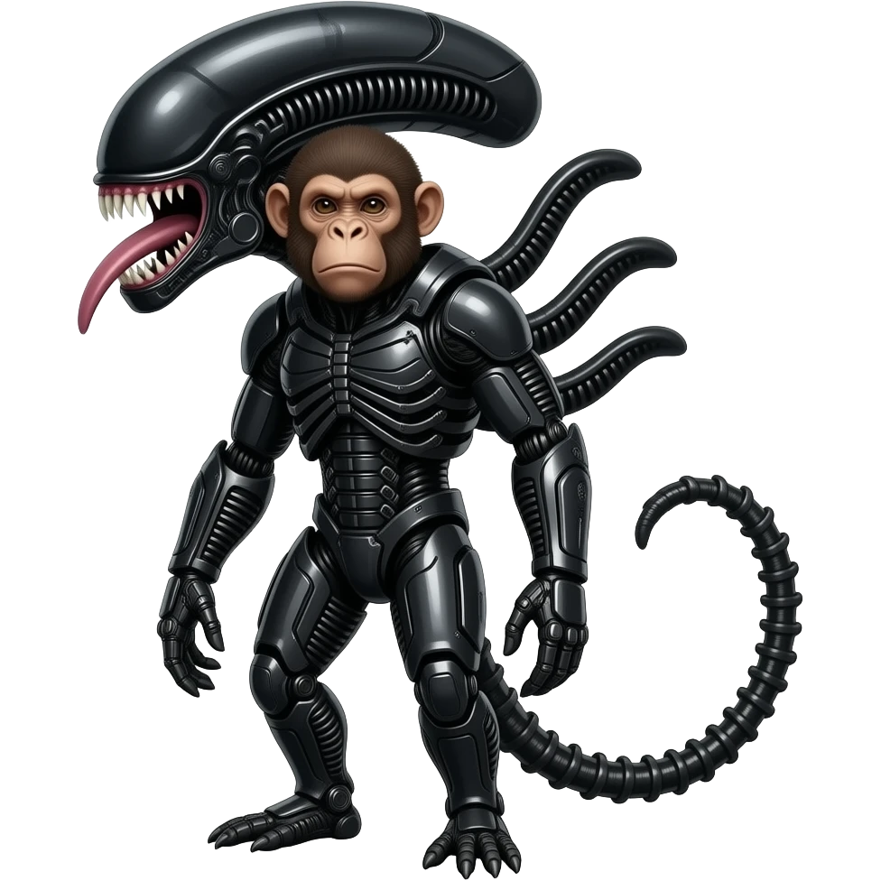 A monkey with Xenomorph features, elongated head, black exoskeleton ...