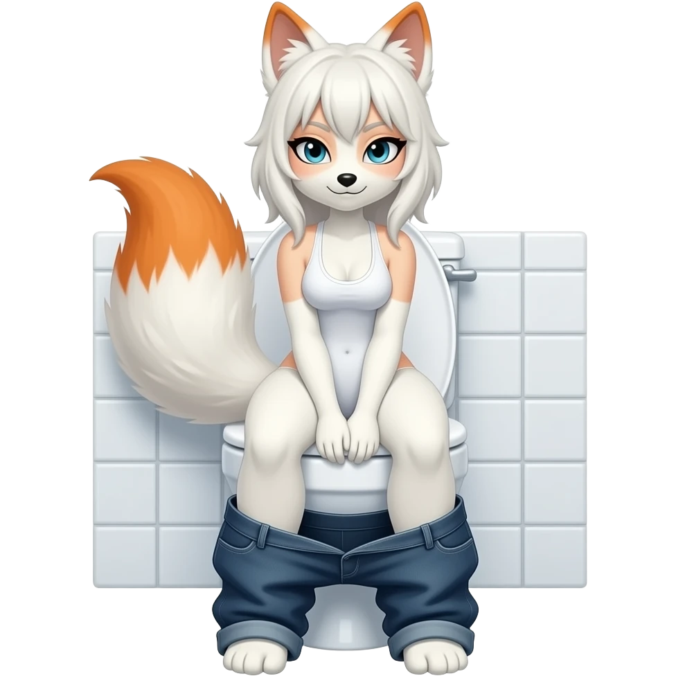 Female white fox furry woman person sit on toilet pants down,fursona emoji