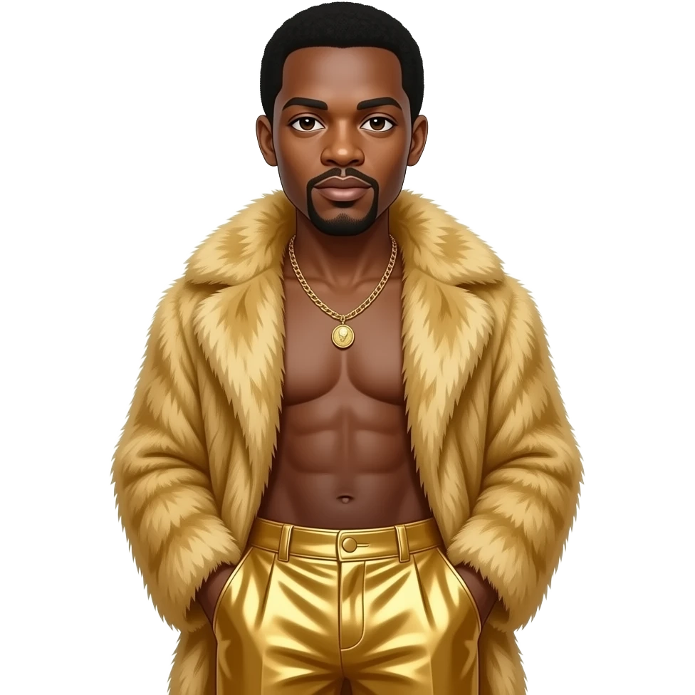 James Brown with brown eyes, black hair, gold fur shawl, gold metallic baggy pants, shirtless with necklace emoji