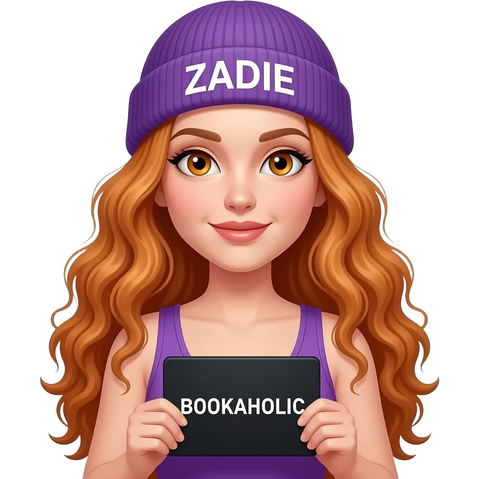 sexy girl with overlong wavy ginger hair and ginger eyes wearing a purple tanktop and a purple beanie with ZADIE written on it, is holding a black sign with BOOKAHOLIC this way written on it emoji