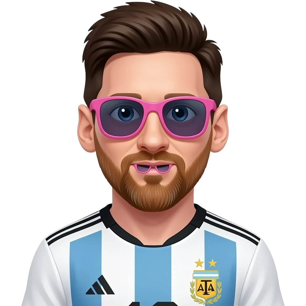 Messi emoji avatar, front-facing, Argentina jersey, cute cartoon style. One big pink sunglasses on his eyes, plus one small pink sunglasses hidden on his chin under the mouth, slightly tilted and clearly visible. emoji