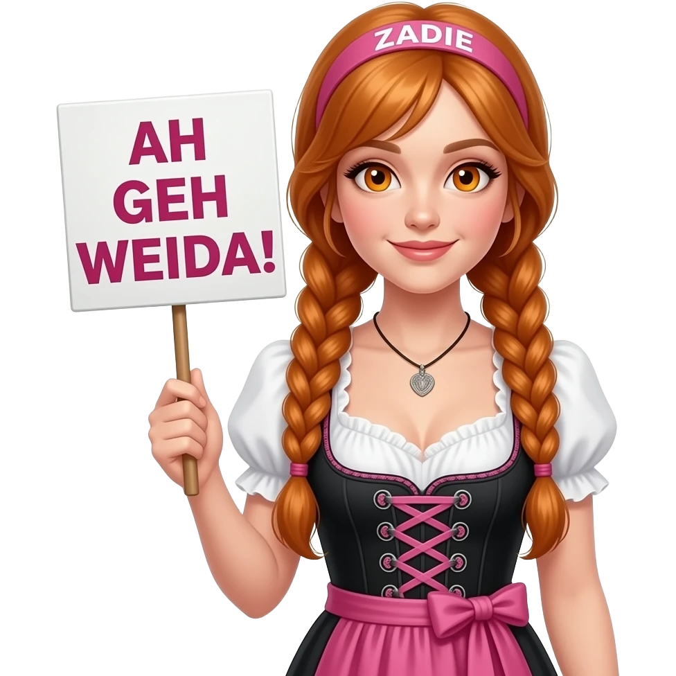 sexy girl with overlong ginger braids and ginger eyes wearing a black pink dirndl and a pink headband with ZADIE written on it, is holding a sign with AH GEH WEIDA! written on it emoji