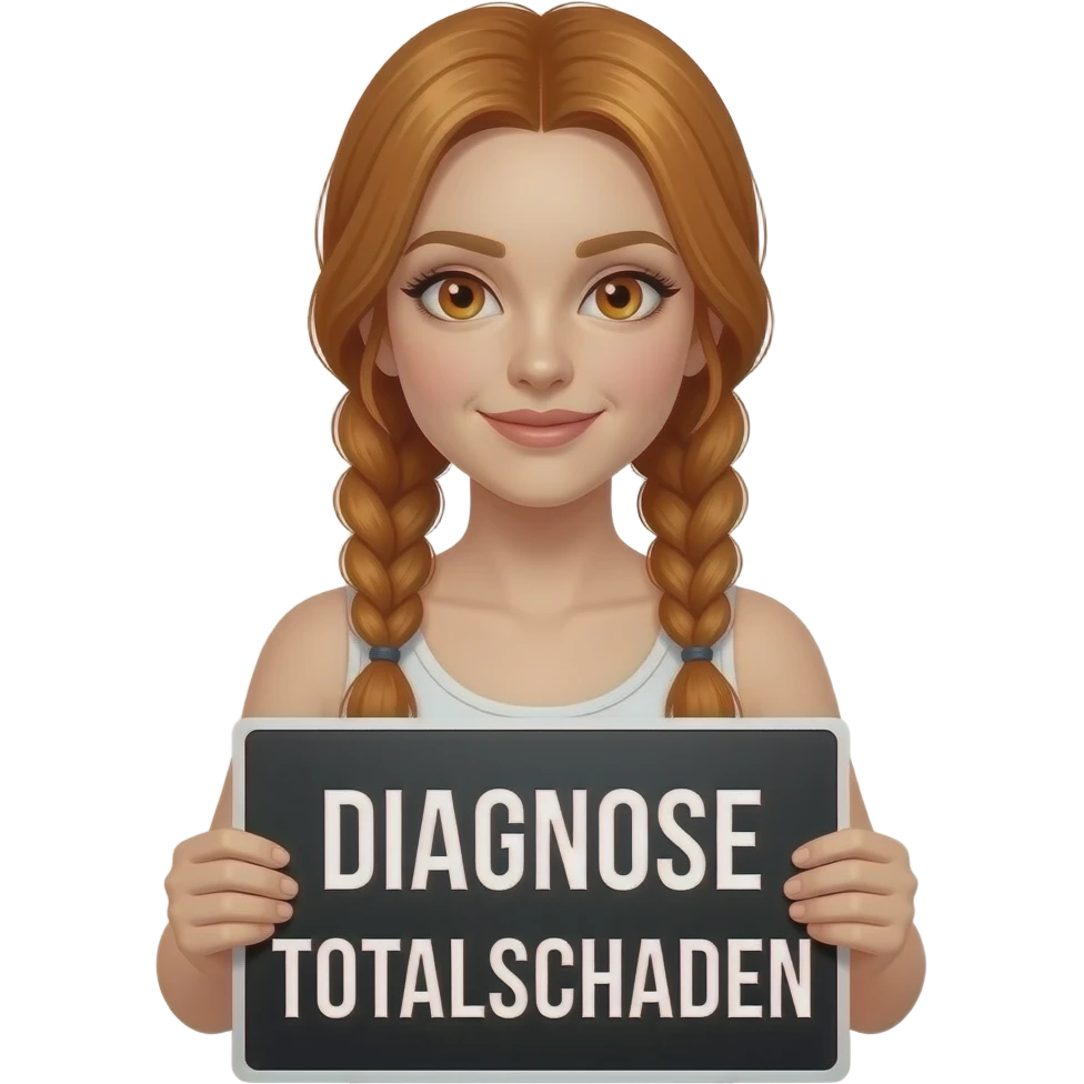 sexy girl with long ginger braids and ginger eyes wearing a white tanktop is holding a black sign with DIAGNOSE TOTALSCHADEN written on it emoji