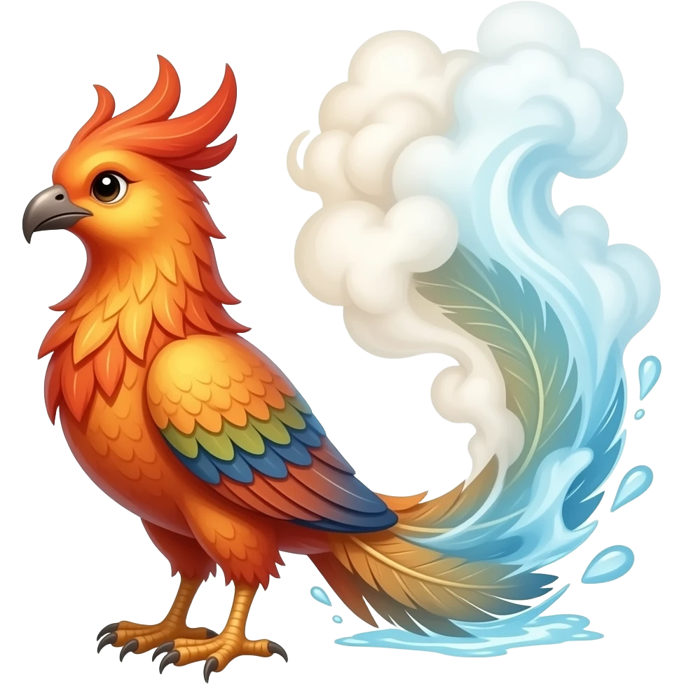 A phoenix with long tail feathers made of smoke on one side and water on the other side emoji
