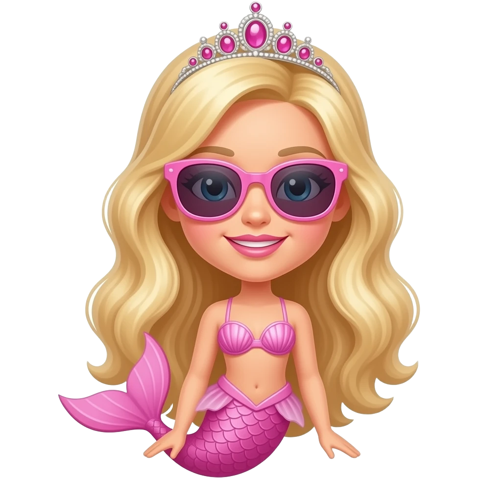 barbie merliah wearing a pink sunglasses a pink mermaid tail a pink Seashell bikini and a pink tiara emoji