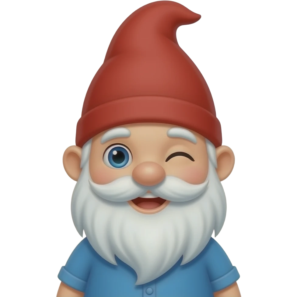A cute smiling Gnome has a white beard , blue eye, blue shirt and a red pointed hair emoji
