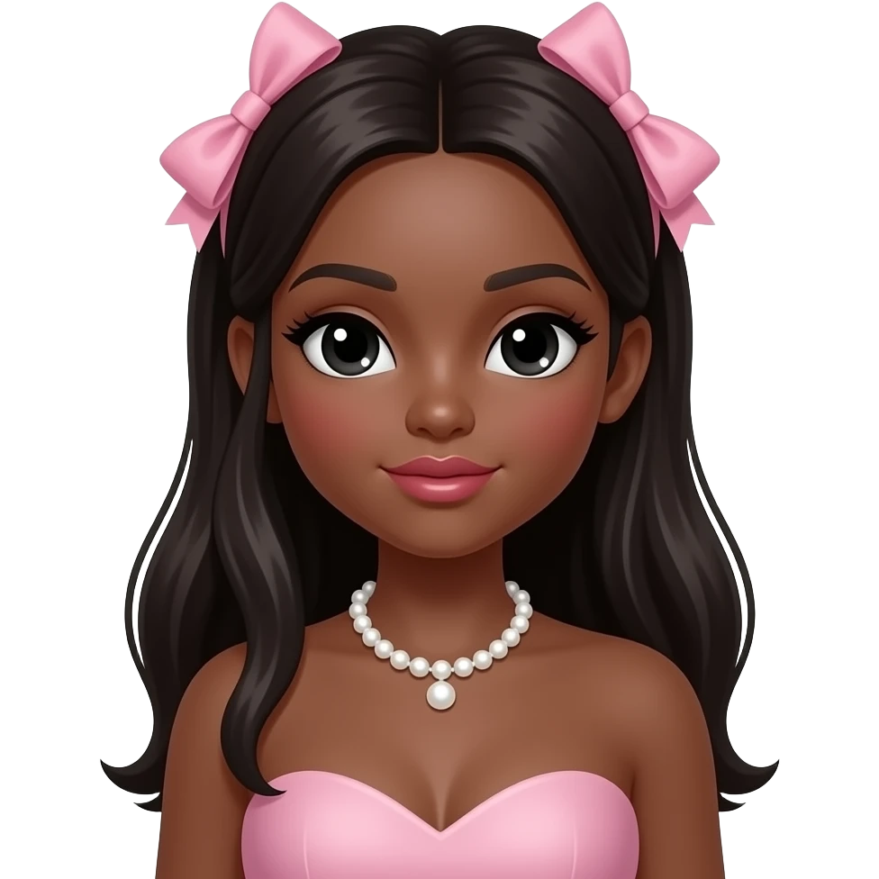 Pearl necklace, doll eyes, Doll, big chest, dark brown skin, with middle part long black brunette hair, black cute eyes, pink bows with cute lips emoji