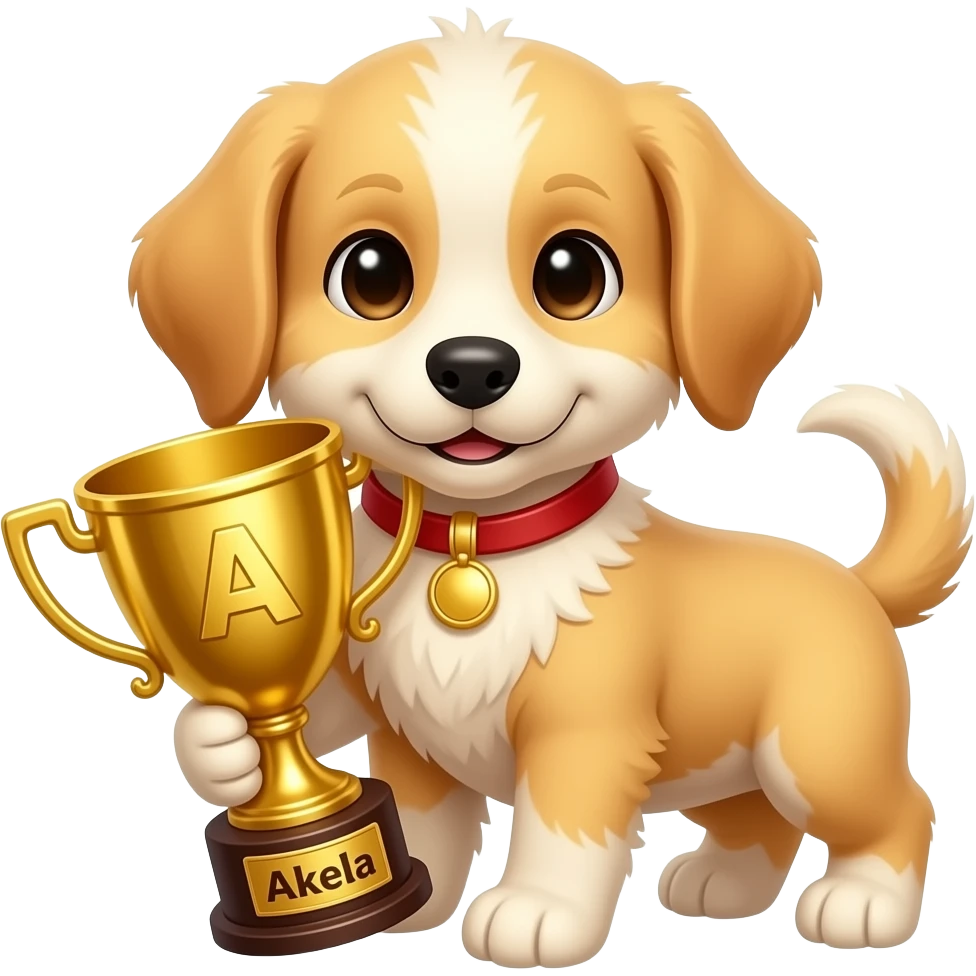 create images of a golden gold small puppy with a golden trophy that says the word akela on it emoji