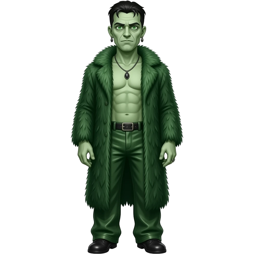 Frankenstein with pale green skin, green eyes, black hair, deep green fur shawl, deep green metallic baggy pants, shirtless with necklace and earrings emoji