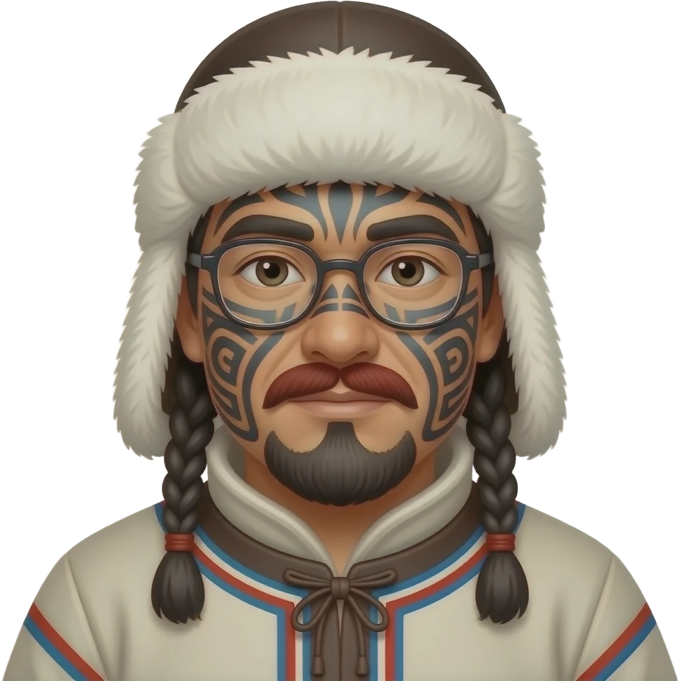 eskimo man with face tattooes, red mustache, glassess and classic eskimo outfit with hat, just face emoji