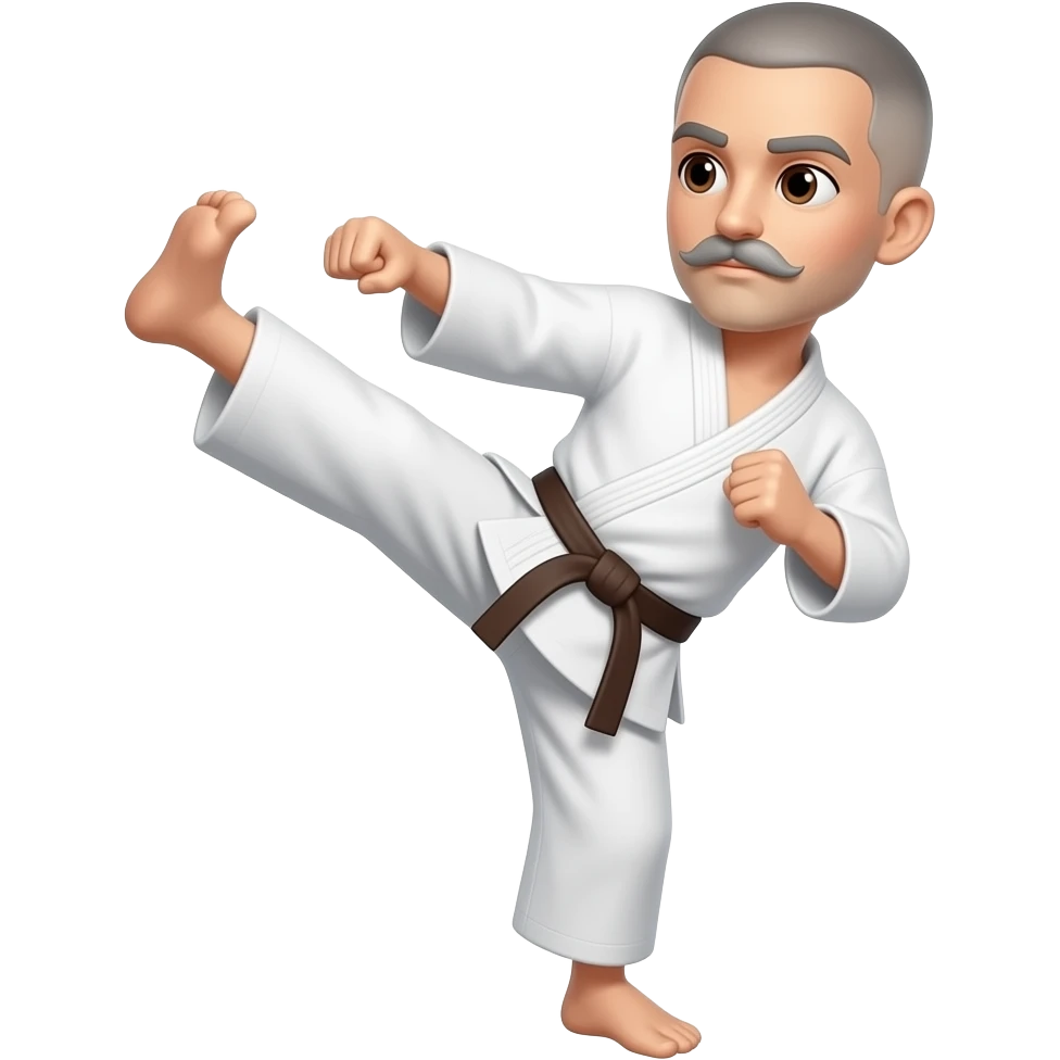 No BEARD,  crew cut gray hair with a mustache doing a karate kick and brown eyes and Brown Belt emoji