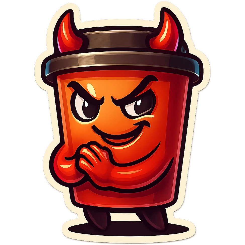 Tall coffee cup, devil horns, smirking, evil, rubbing hands together emoji
