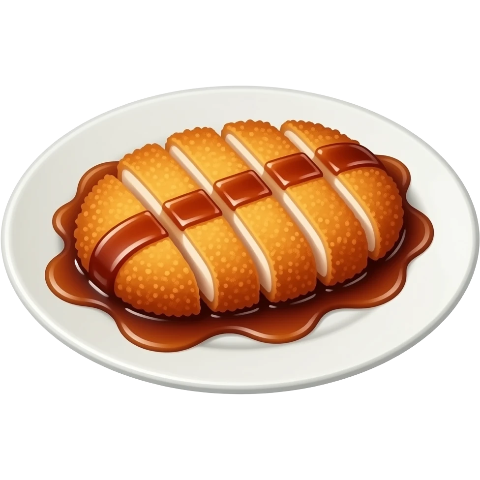 3D emoji style Japanese tonkatsu on a white plate, 
golden-brown crispy breaded pork cutlet sliced into strips, 
drizzled with glossy brown tonkatsu sauce, 
Apple emoji aesthetic, soft highlights, 
transparent background, bold simple shapes emoji