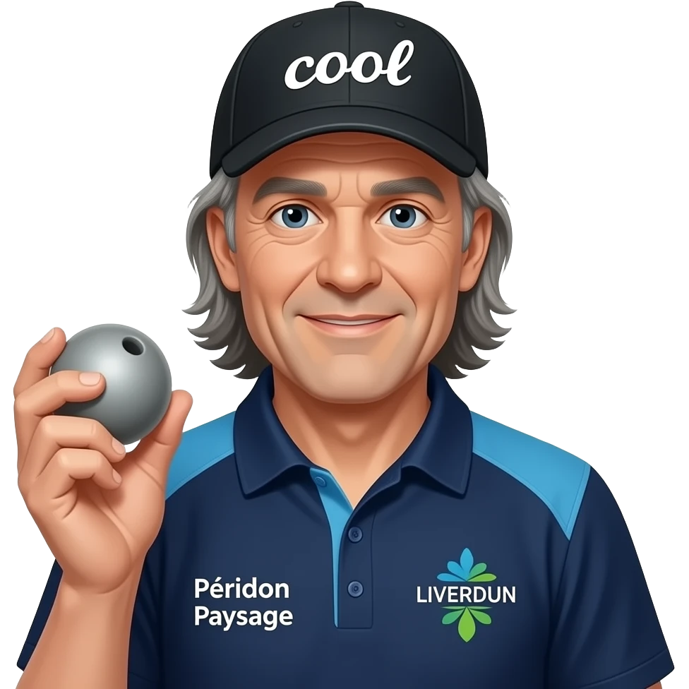 tête homme 60 ans cheveux longs sous casquette noire marquée "cool" avec boule de pétanque grise à la mainsur maillot bleu foncé avec col trois boutons bleu clair avec épaules seules bleu clair coté droit Pétanque LIVERDUN, côté gauche "Péridon Paysage" emoji