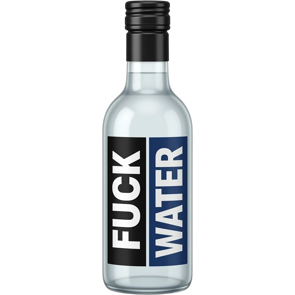 long very skinny bottle with a black cap with white liquid in it with a white and dark blue vertical label that says FUCK WATER but the fuck is white text with a black background and water is white text with a navy blue background so it’s split in half. but the label is sideways emoji