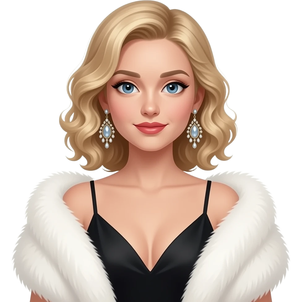 A medium shot of a girl from the chest up. She is adorned in a black, low-cut dress and a luxurious white fur stole draped over her shoulders. Her signature blonde hair is styled in soft curls, framing her face. Large, ornate earrings dangle from her ears, catching the light. emoji