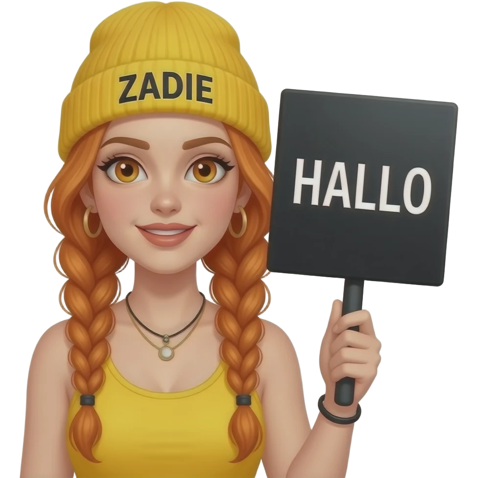 sexy girl with overlong ginger braids and ginger eyes wearing a yellow tanktop and a yellow beanie with ZADIE written on it, is holding a black sign with HALLO written on it emoji
