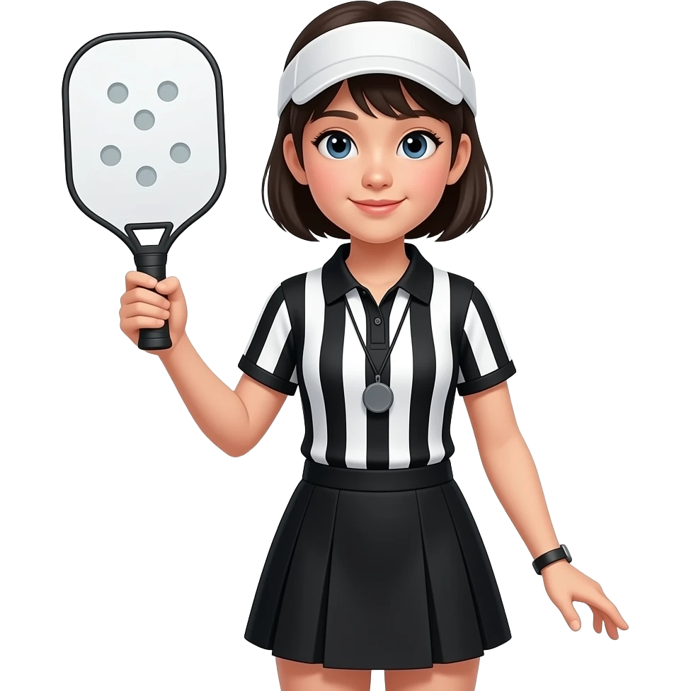short haired asian girl - pickleball referee - wearing sun visor, black white vertical stripes polo shirt, black skirt emoji