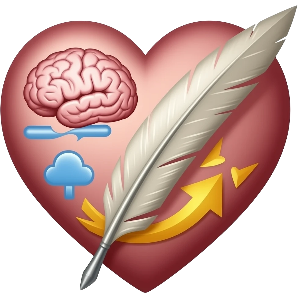 The outline will be a mind. Inside, there is a heart written by a quill. Add an extra symbol to symbolize newness/restoration. Make this colorful and biblically accurate + so holy emoji