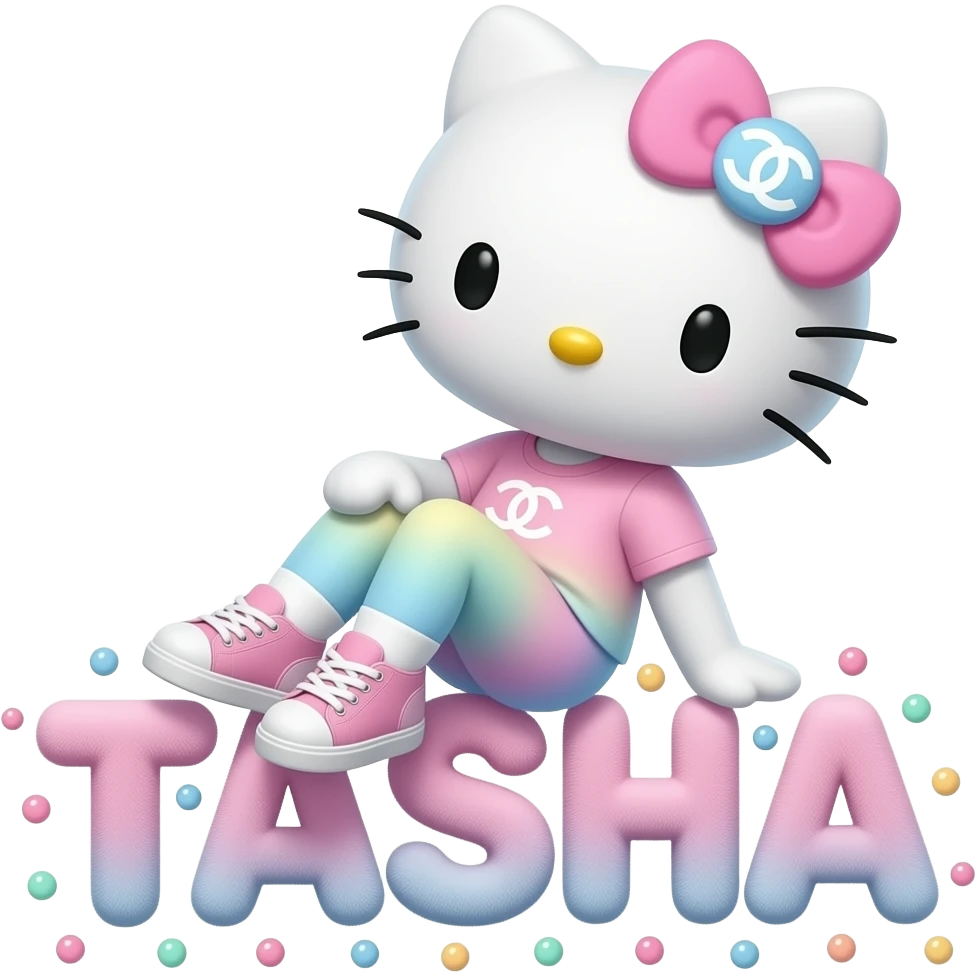 4D Velvety fur hello kitty wearing ombre white and blue and pink ombre pastel colored leggings and sneakers, and with the Chanel symbol on her ombre pastel bow sitting sideways leaning back on top of the velvety 3D outlined letters TASHA surrounded with tiny ombre pastel dots made of candy emoji