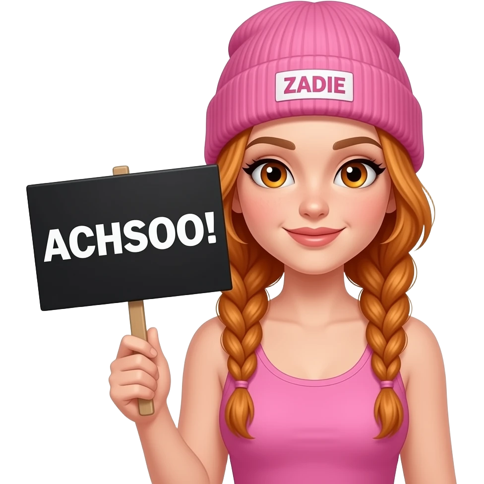 sexy girl with overlong ginger braids and ginger eyes wearing a pink tanktop and a pink beanie with ZADIE written on it, is holding a black sign with ACHSOOO! written on it emoji