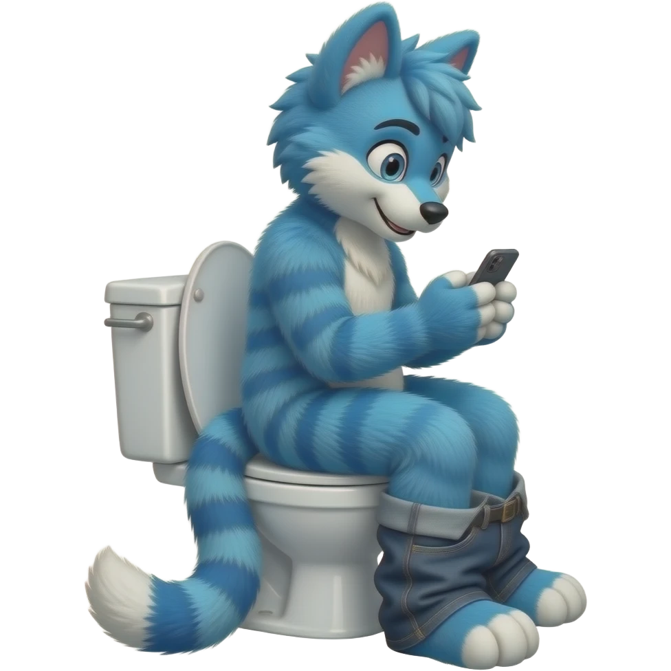 blue furry fursuit sitting on toilet, side view, pants down, looking at phone emoji