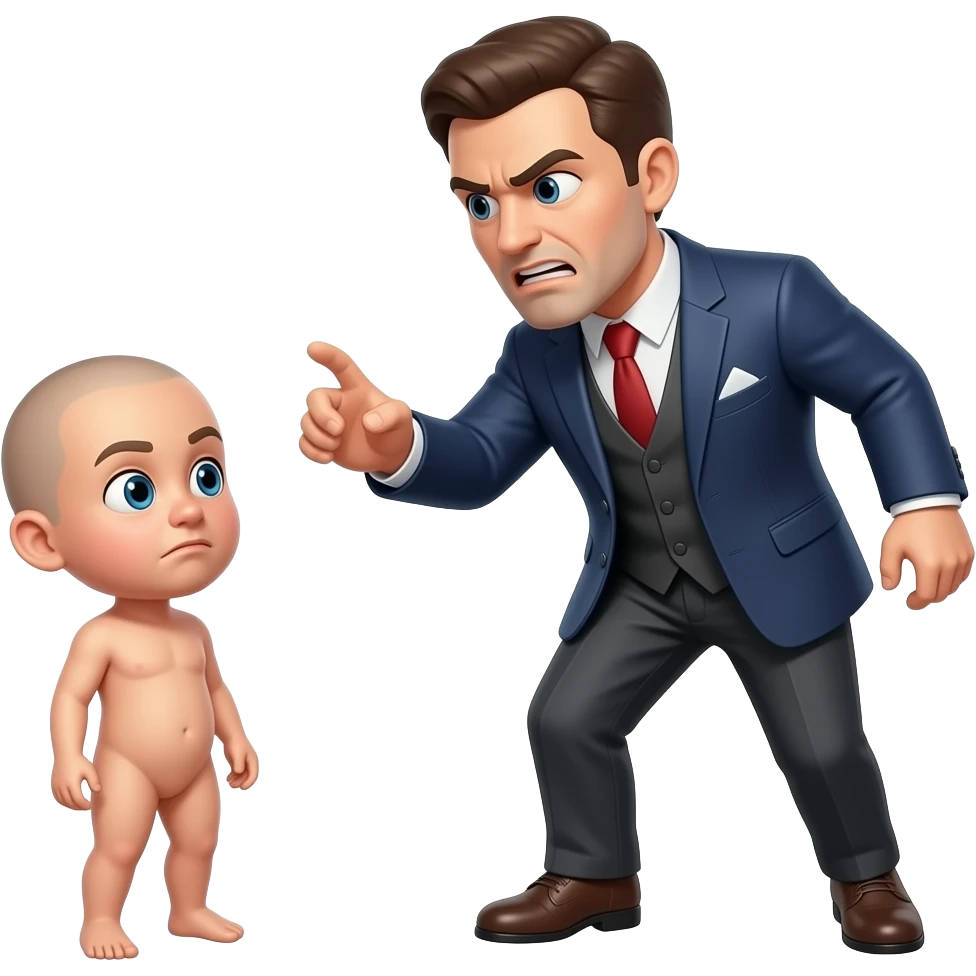 A dressed man threatening a small, naked, cr emoji