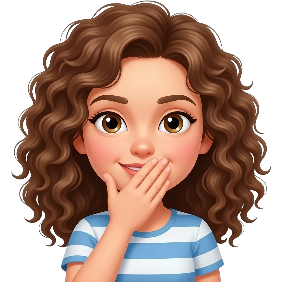 emoji de una chica con el pelo rizado de piel clara tapandose la boca con la mano y cara picara emoji