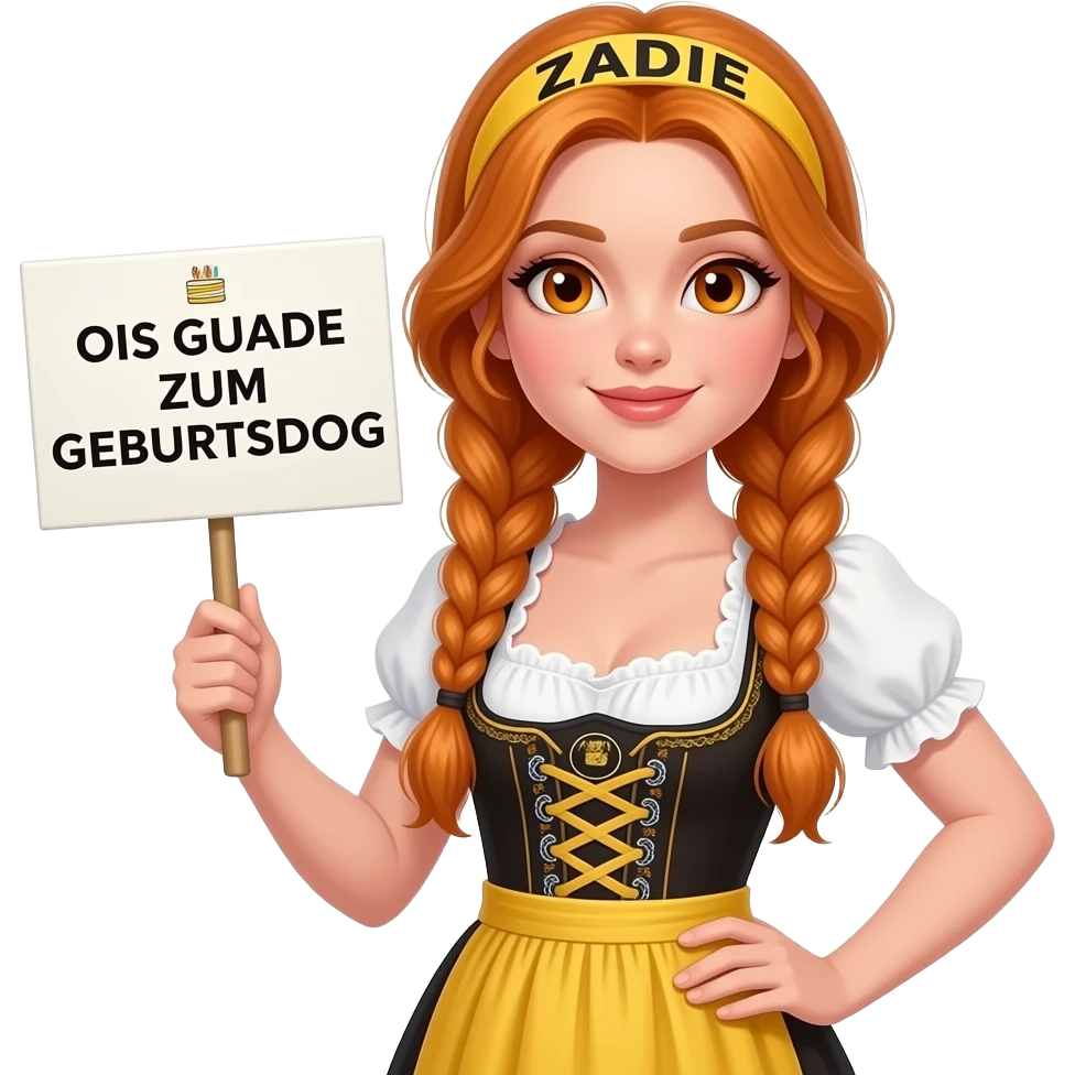 sexy girl with overlong ginger braids and ginger eyes wearing a yellow dirndl and a yellow headband with ZADIE written on it, is holding a sign with OIS GUADE ZUM GEBURTSDOG 🎂 written on it emoji