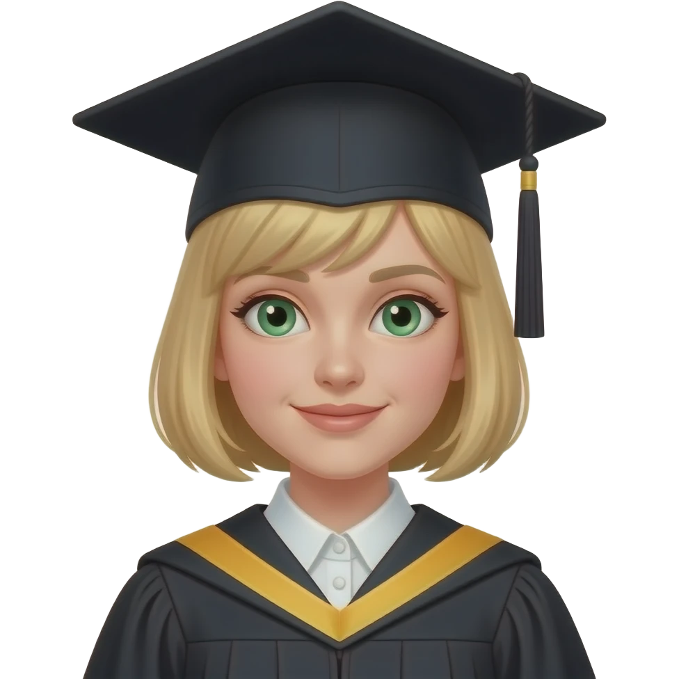 An emoji representing a white woman with green eyes and blond bobcut hair. She wears a black graduation cap on her head and a cape, symbolizing academic success. Her expression is soft and proud. emoji