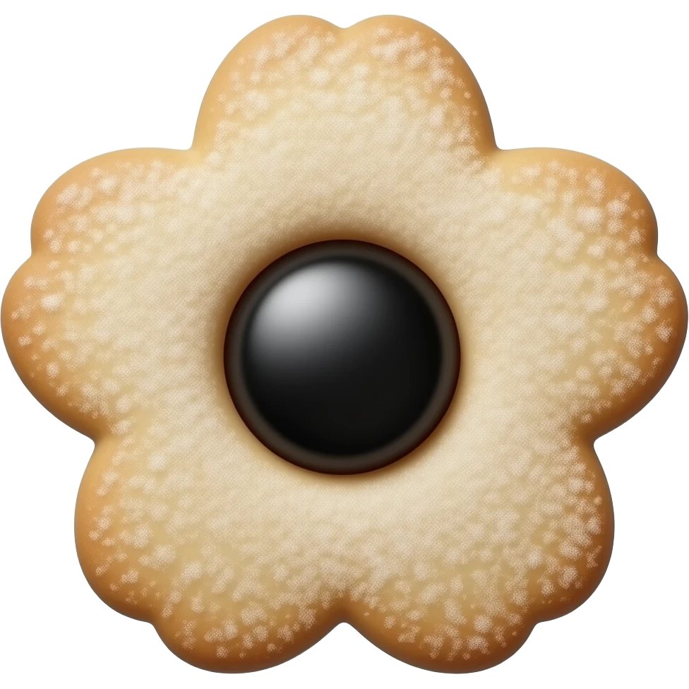 Realistic shortbread cookie in the shape of a black cherry blossom with pale black color jelly middle filling and sprinkled powder sugar on top emoji