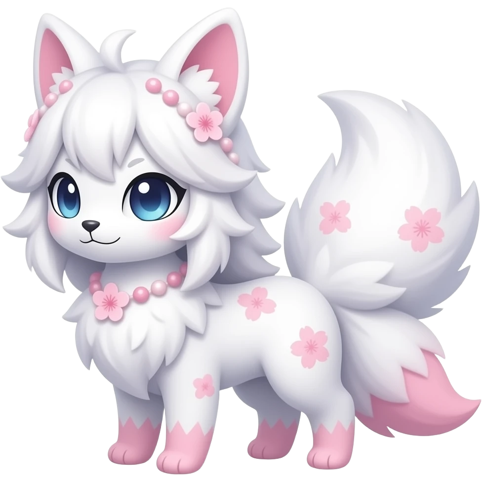 White sakura floral Fuzzy slim oriental feathery long-haired beaded mane cozy rosy aesthetic feathery Rosy beautiful Sylveon-Furret-Fennekin-Minccino-Espeon-Fakémon-hybrid emoji