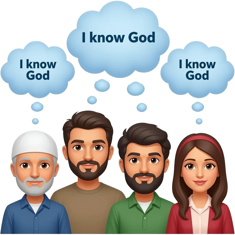 A group of people from the middle east with thought bubbles above their head. All of the thought bubles say "I know God" emoji