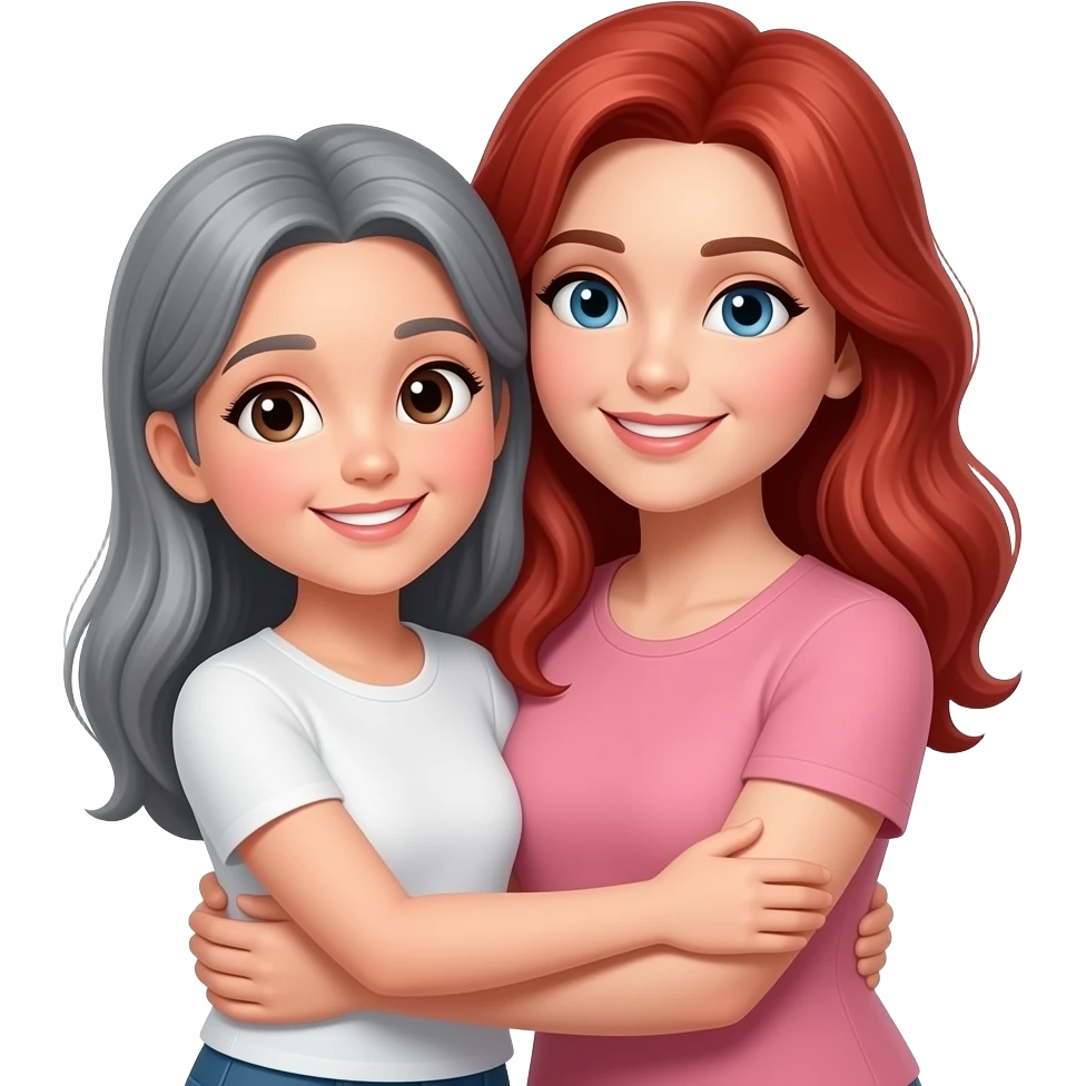 tall grey haired girl with red head mother hugging emoji