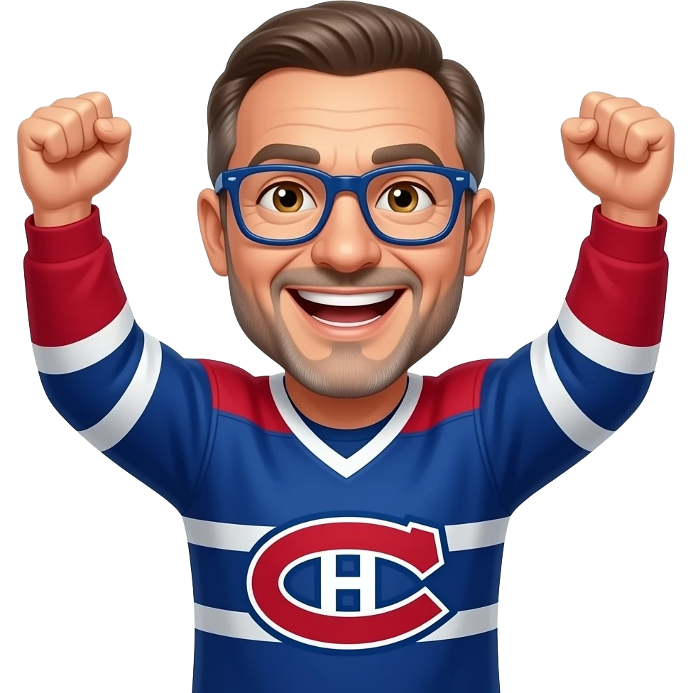 Male, Brown eyes, bald man, small anchor beard, navy blue glasses, 50 years old, Montréal Canadiens, smiling showing teeth, cheering arms up emoji